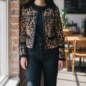 Carlisle Cropped Velvet Leopard Print Zip Front Moto Style Mob Wife Blazer